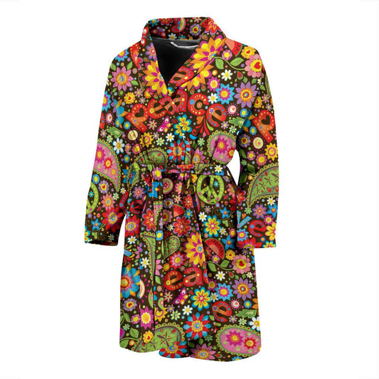 Flower Power Peace Paisley Themed Print Men Bath Robe-JTAMIGO.COM