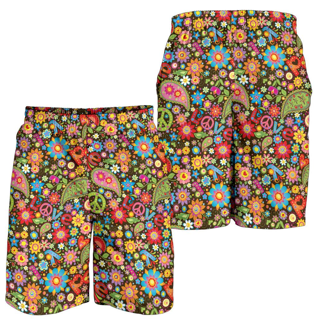 Flower Power Peace Paisley Themed Print Mens Shorts-JTAMIGO.COM