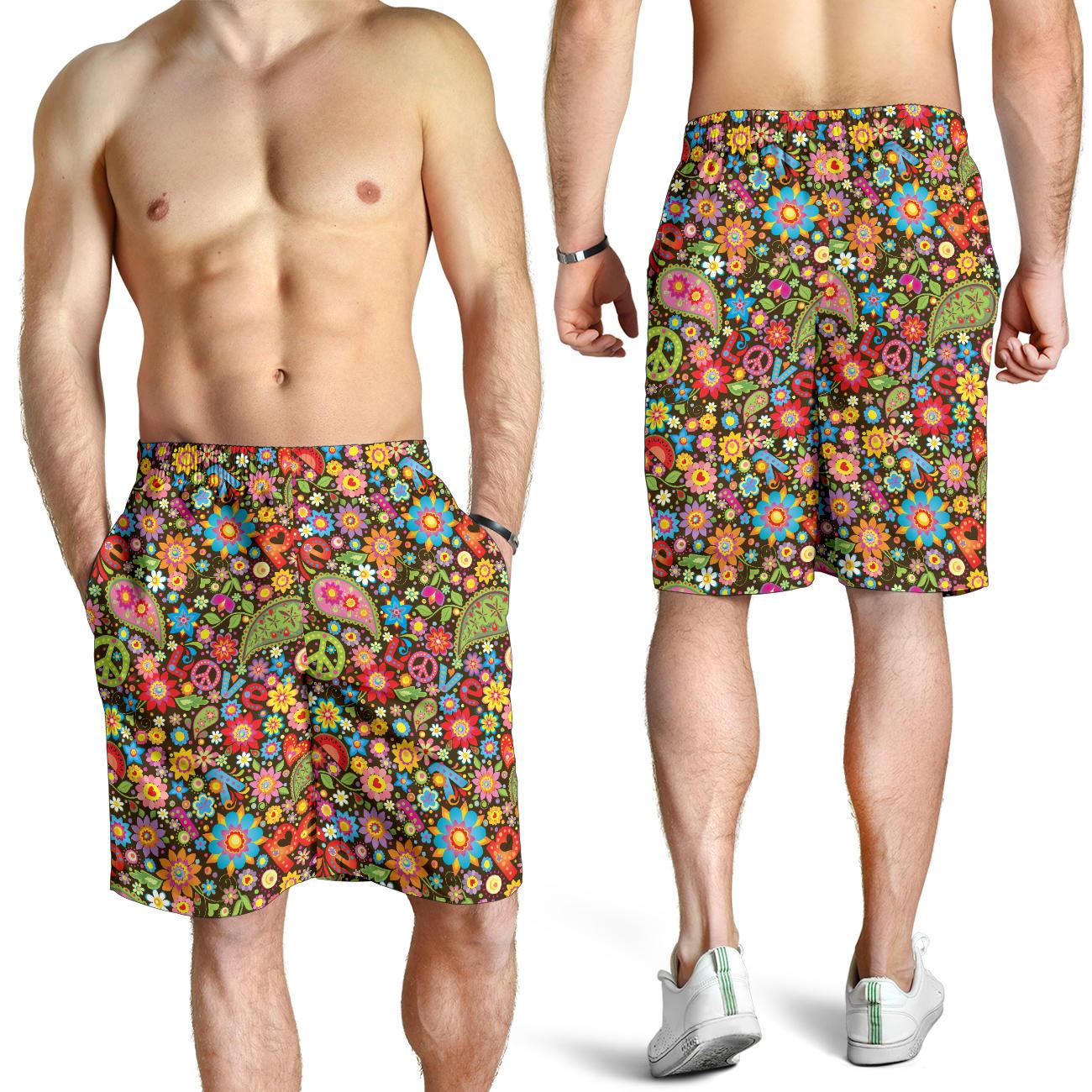 Flower Power Peace Paisley Themed Print Mens Shorts-JTAMIGO.COM