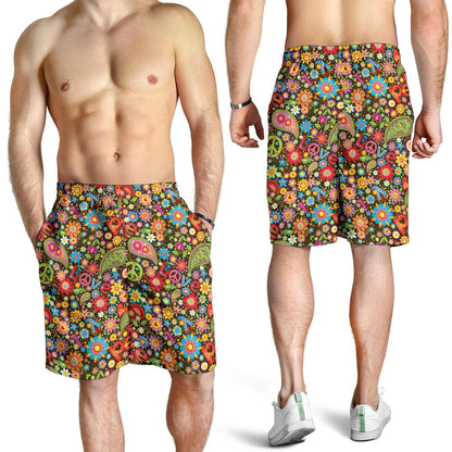 Flower Power Peace Paisley Themed Print Mens Shorts-JTAMIGO.COM