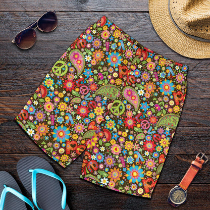 Flower Power Peace Paisley Themed Print Mens Shorts-JTAMIGO.COM