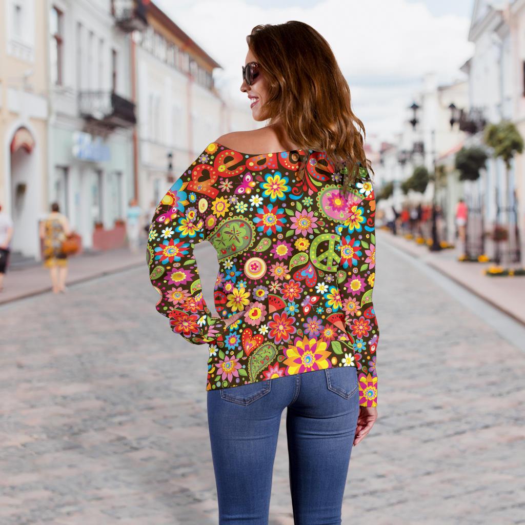Flower Power Peace Paisley Themed Print Off Shoulder Sweatshirt