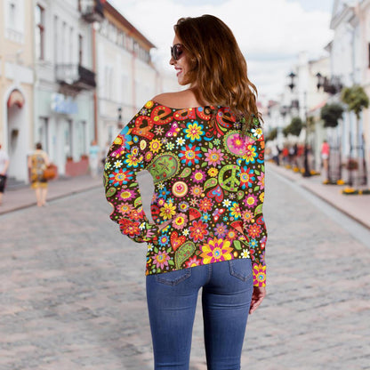 Flower Power Peace Paisley Themed Print Off Shoulder Sweatshirt