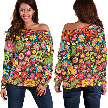 Flower Power Peace Paisley Themed Print Off Shoulder Sweatshirt