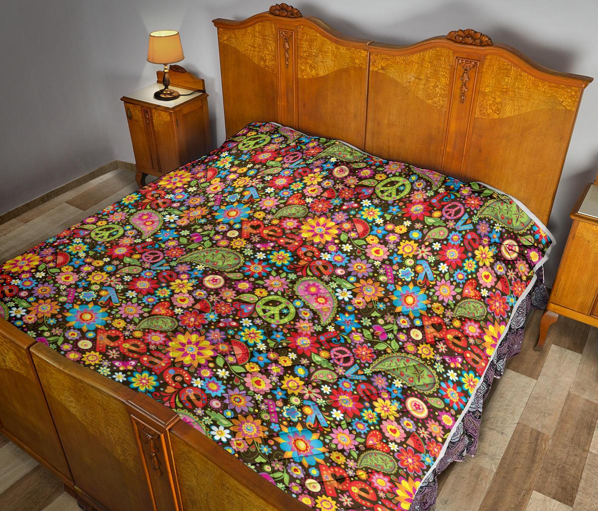 Flower Power Peace Paisley Themed Print Premium Quilt-JTAMIGO.COM