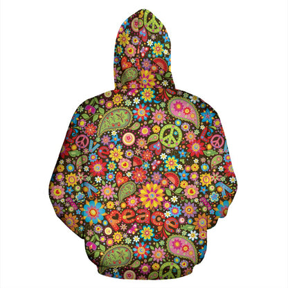 Flower Power Peace Paisley Themed Print Pullover Hoodie