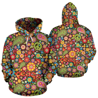 Flower Power Peace Paisley Themed Print Pullover Hoodie