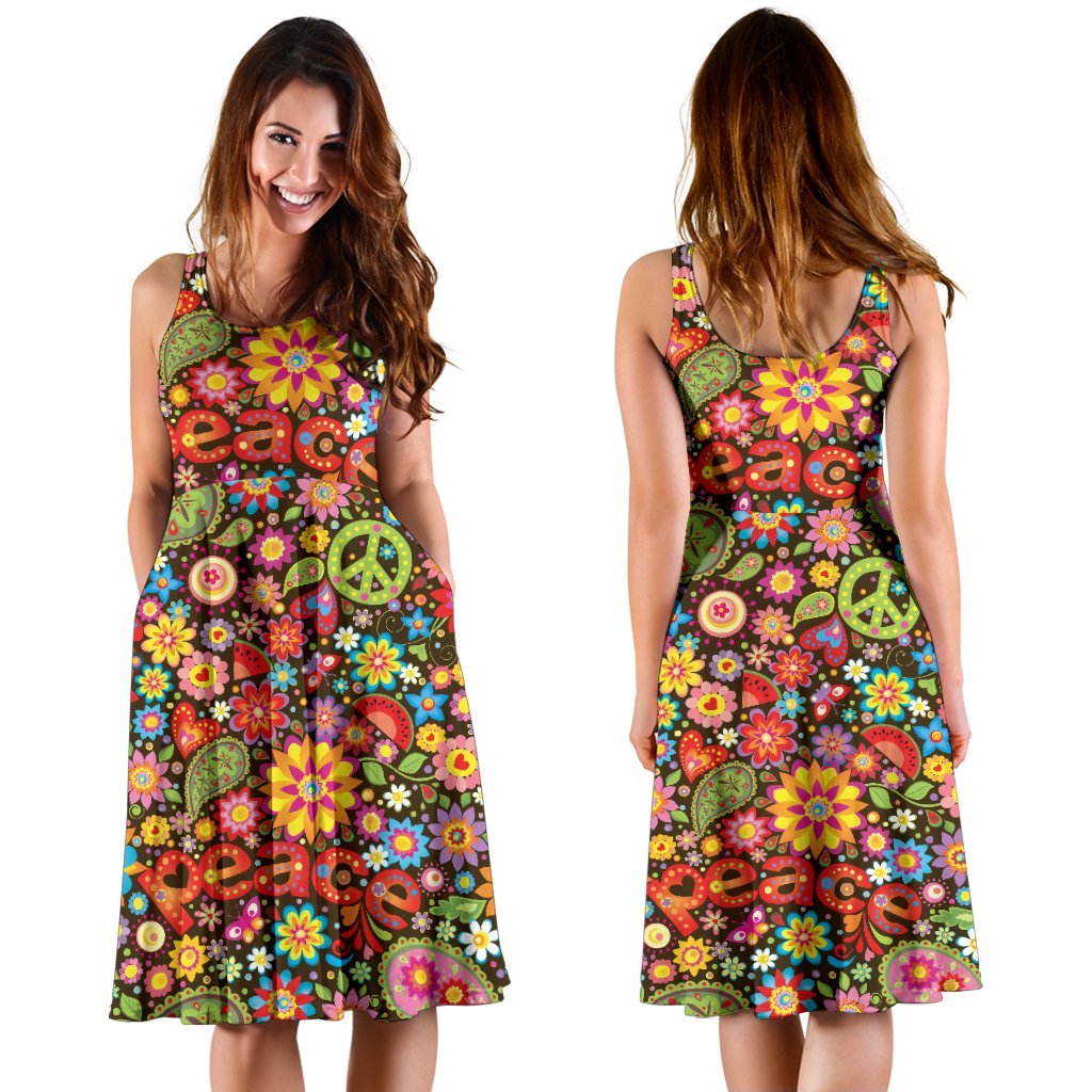 Flower Power Peace Paisley Themed Print Sleeveless Dress