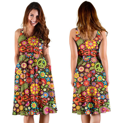 Flower Power Peace Paisley Themed Print Sleeveless Dress