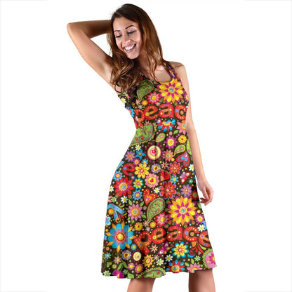 Flower Power Peace Paisley Themed Print Sleeveless Dress