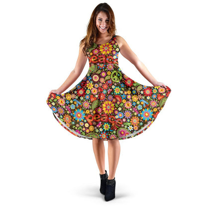 Flower Power Peace Paisley Themed Print Sleeveless Dress