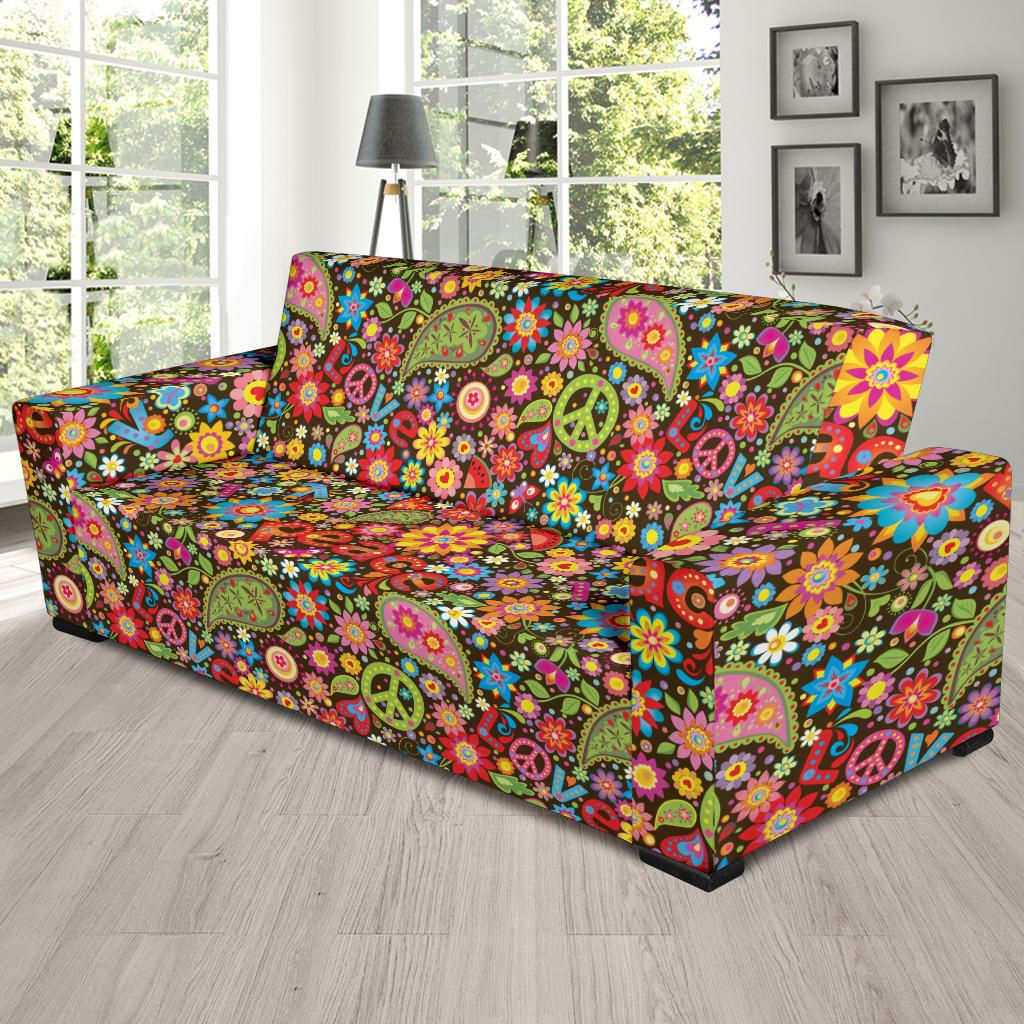 Flower Power Peace Paisley Themed Print Sofa Slipcover-JTAMIGO.COM