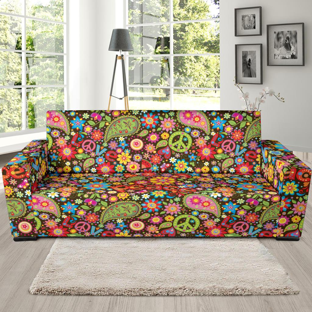 Flower Power Peace Paisley Themed Print Sofa Slipcover-JTAMIGO.COM