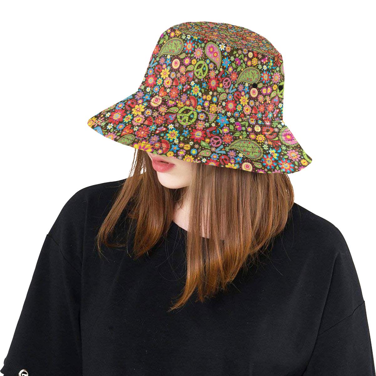 Flower Power Peace Paisley Themed Print Unisex Bucket Hat
