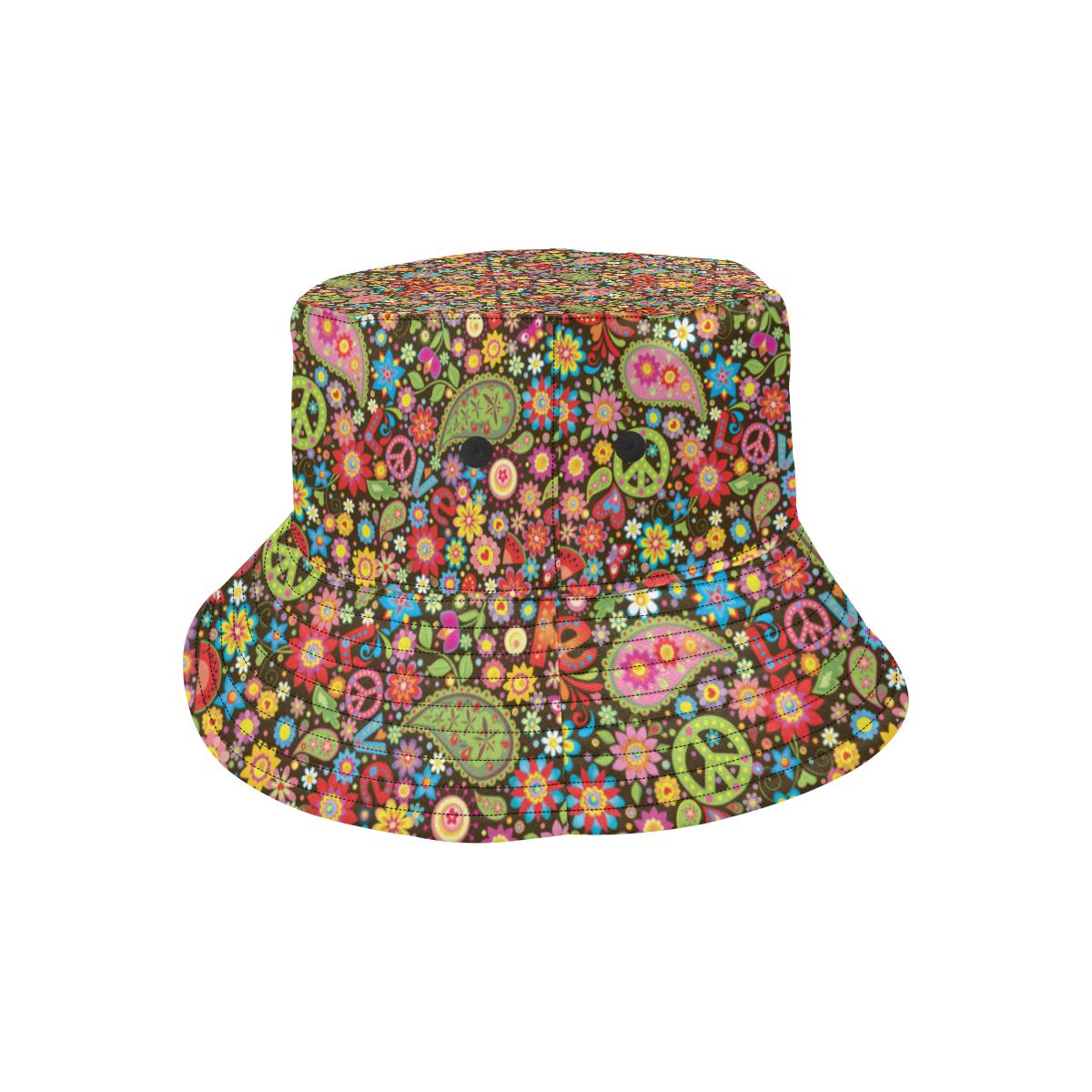 Flower Power Peace Paisley Themed Print Unisex Bucket Hat