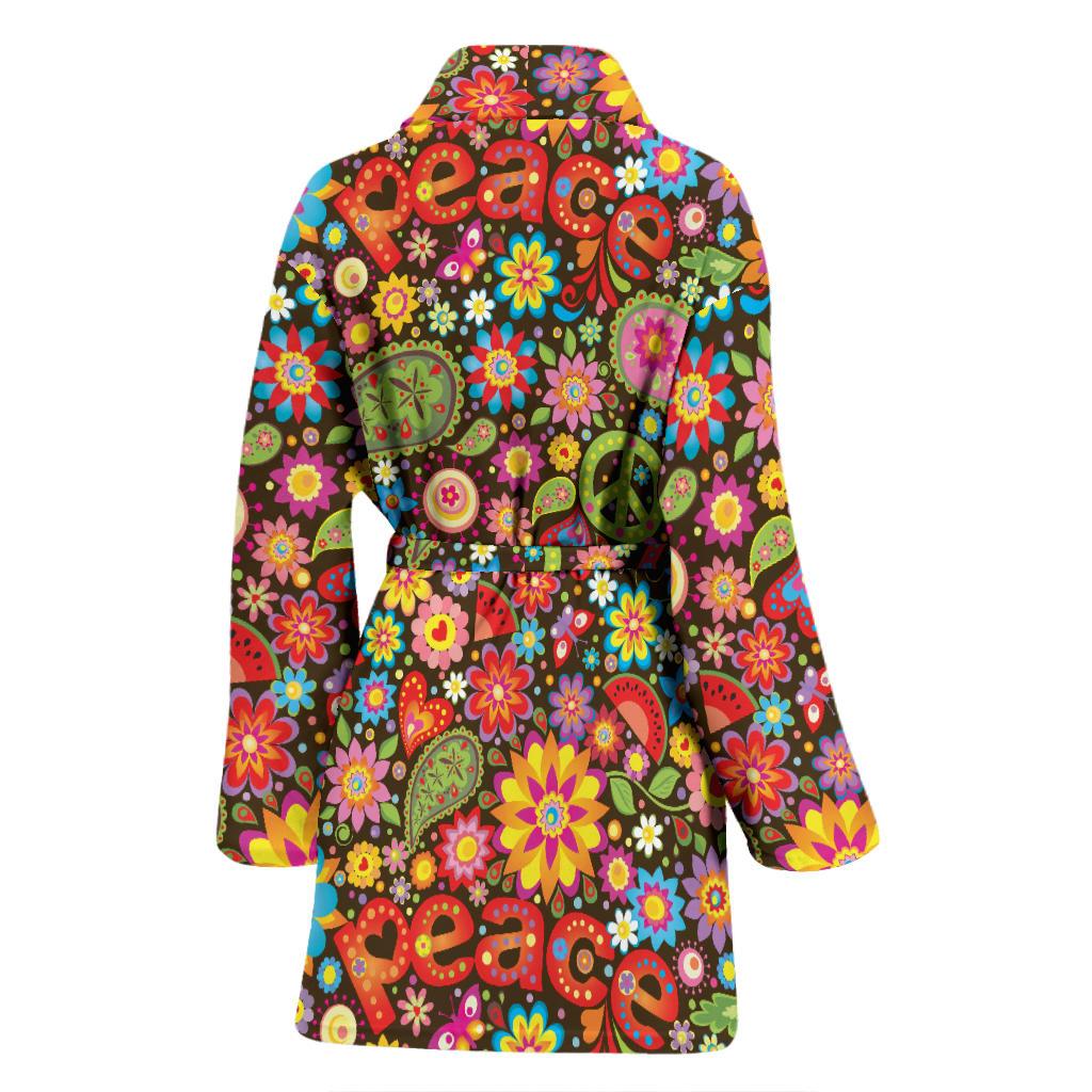 Flower Power Peace Paisley Themed Print Women Bath Robe-JTAMIGO.COM