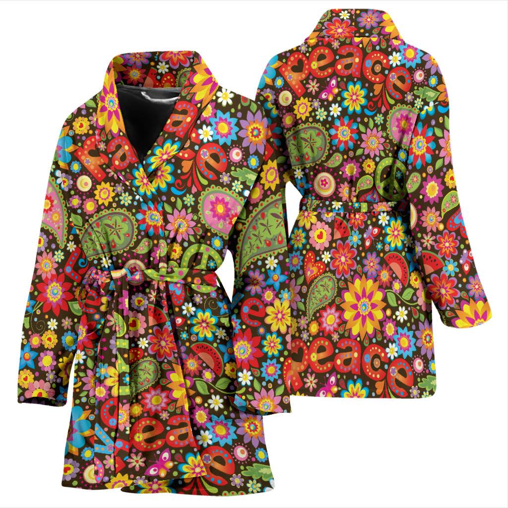 Flower Power Peace Paisley Themed Print Women Bath Robe-JTAMIGO.COM