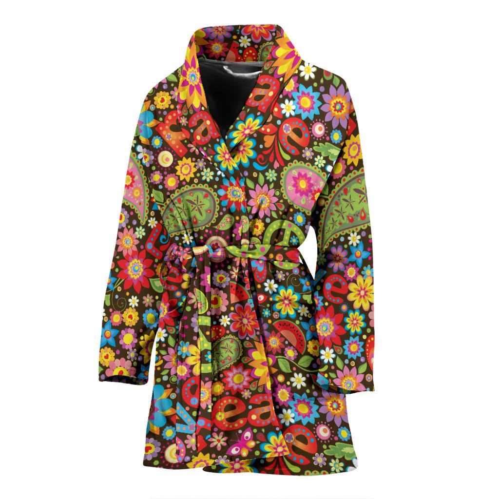 Flower Power Peace Paisley Themed Print Women Bath Robe-JTAMIGO.COM