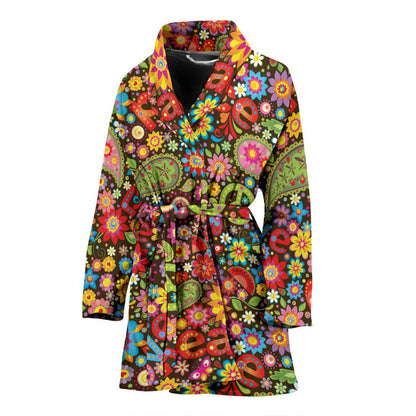 Flower Power Peace Paisley Themed Print Women Bath Robe-JTAMIGO.COM