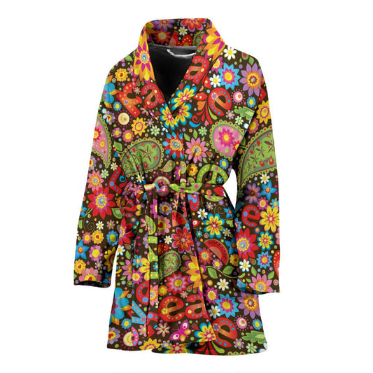 Flower Power Peace Paisley Themed Print Women Bath Robe-JTAMIGO.COM