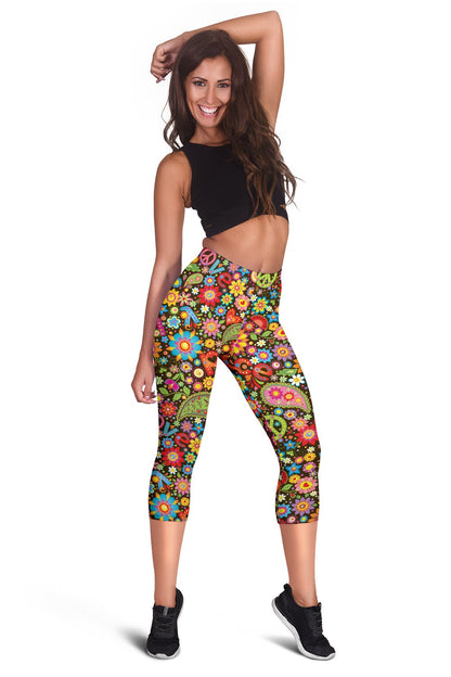 Flower Power Peace Paisley Themed Print Women Capris