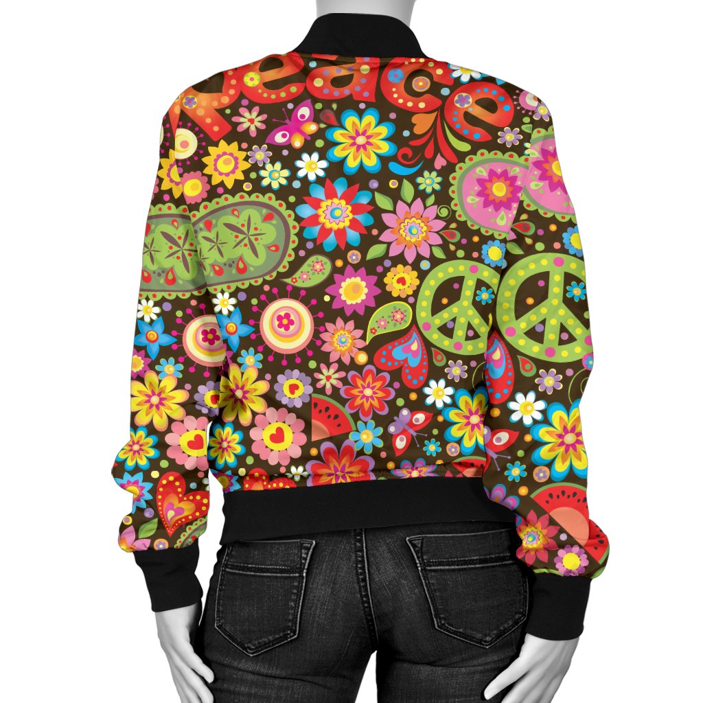 Flower Power Peace Paisley Themed Print Women Casual Bomber Jacket