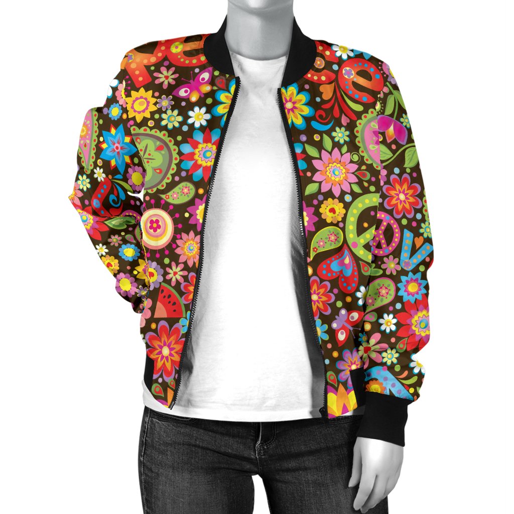 Flower Power Peace Paisley Themed Print Women Casual Bomber Jacket