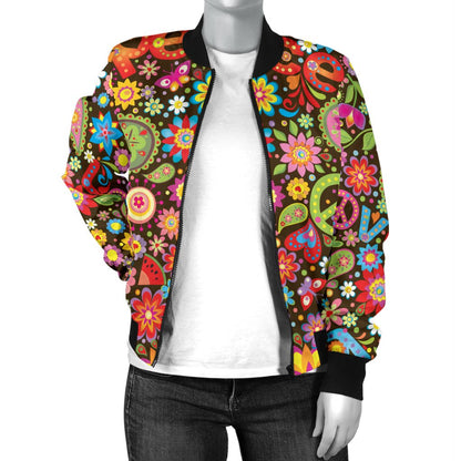 Flower Power Peace Paisley Themed Print Women Casual Bomber Jacket