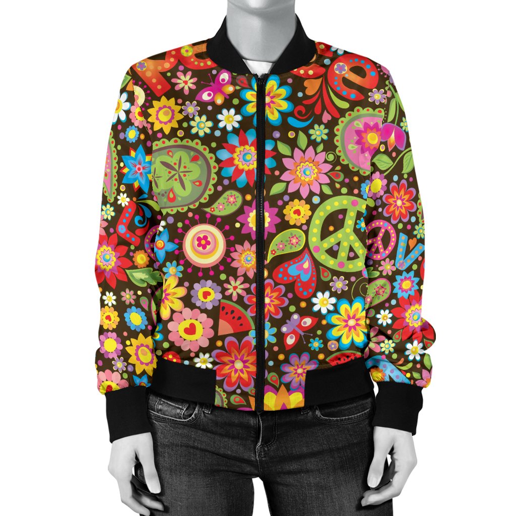 Flower Power Peace Paisley Themed Print Women Casual Bomber Jacket