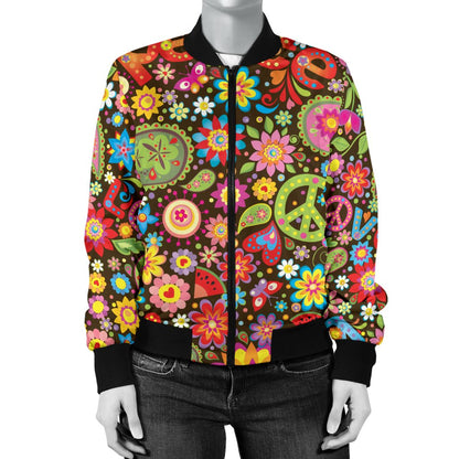 Flower Power Peace Paisley Themed Print Women Casual Bomber Jacket