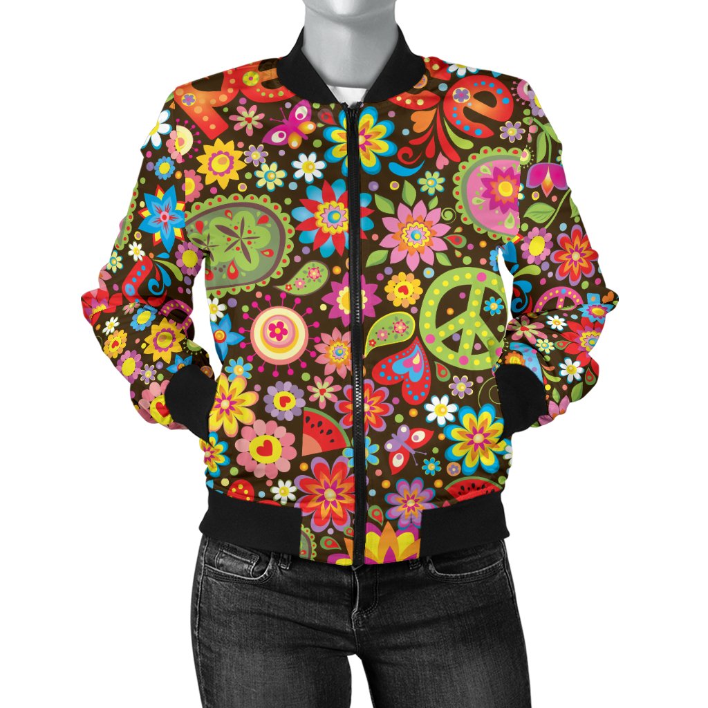 Flower Power Peace Paisley Themed Print Women Casual Bomber Jacket