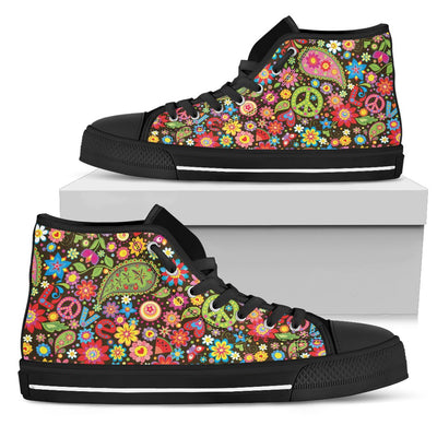 Flower Power Peace Paisley Themed Print Women High Top Shoes