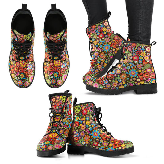 Flower Power Peace Paisley Themed Print Women Leather Boots-JTAMIGO.COM