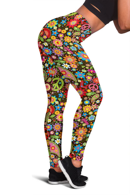 Flower Power Peace Paisley Themed Print Women Leggings