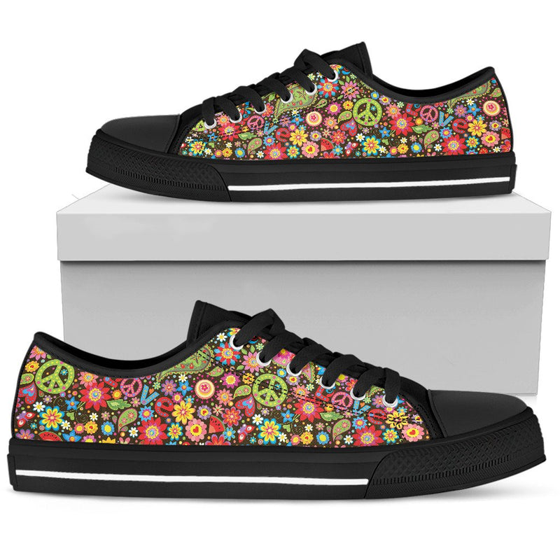 Flower Power Peace Paisley Themed Print Women Low Top Shoes