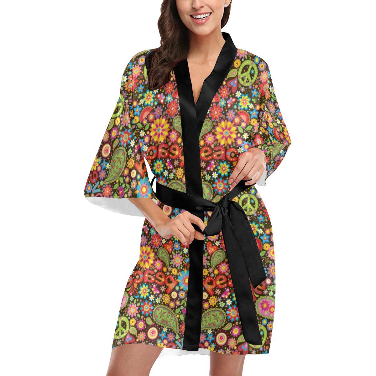 Flower Power Peace Paisley Themed Print Women Short Kimono Robe