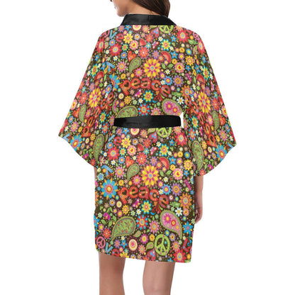 Flower Power Peace Paisley Themed Print Women Short Kimono Robe