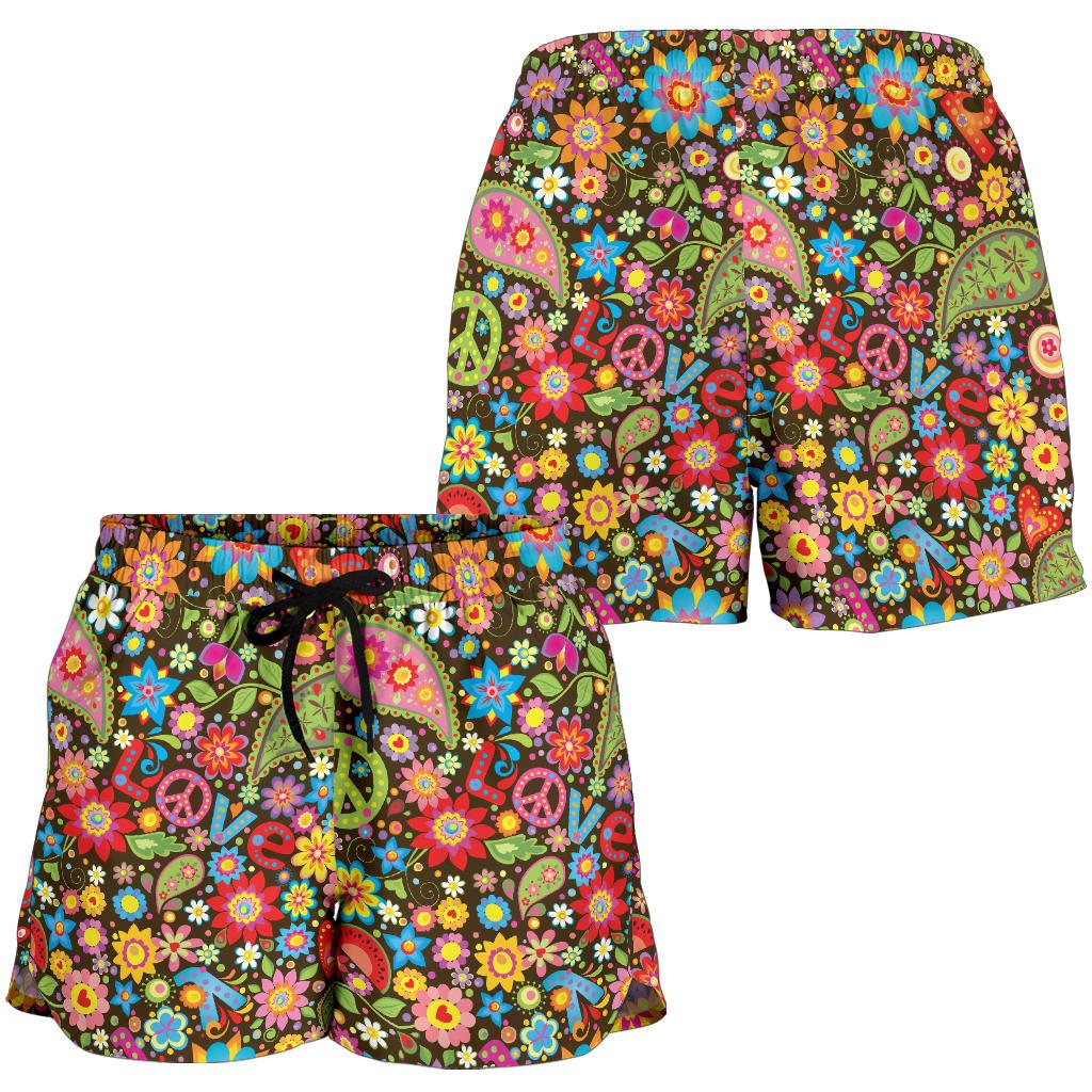 Flower Power Peace Paisley Themed Print Women Shorts-JTAMIGO.COM