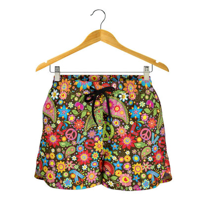 Flower Power Peace Paisley Themed Print Women Shorts-JTAMIGO.COM