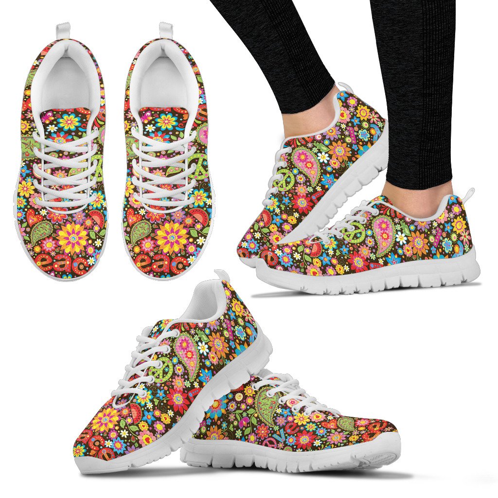 Flower Power Peace Paisley Themed Print Women Sneakers Shoes