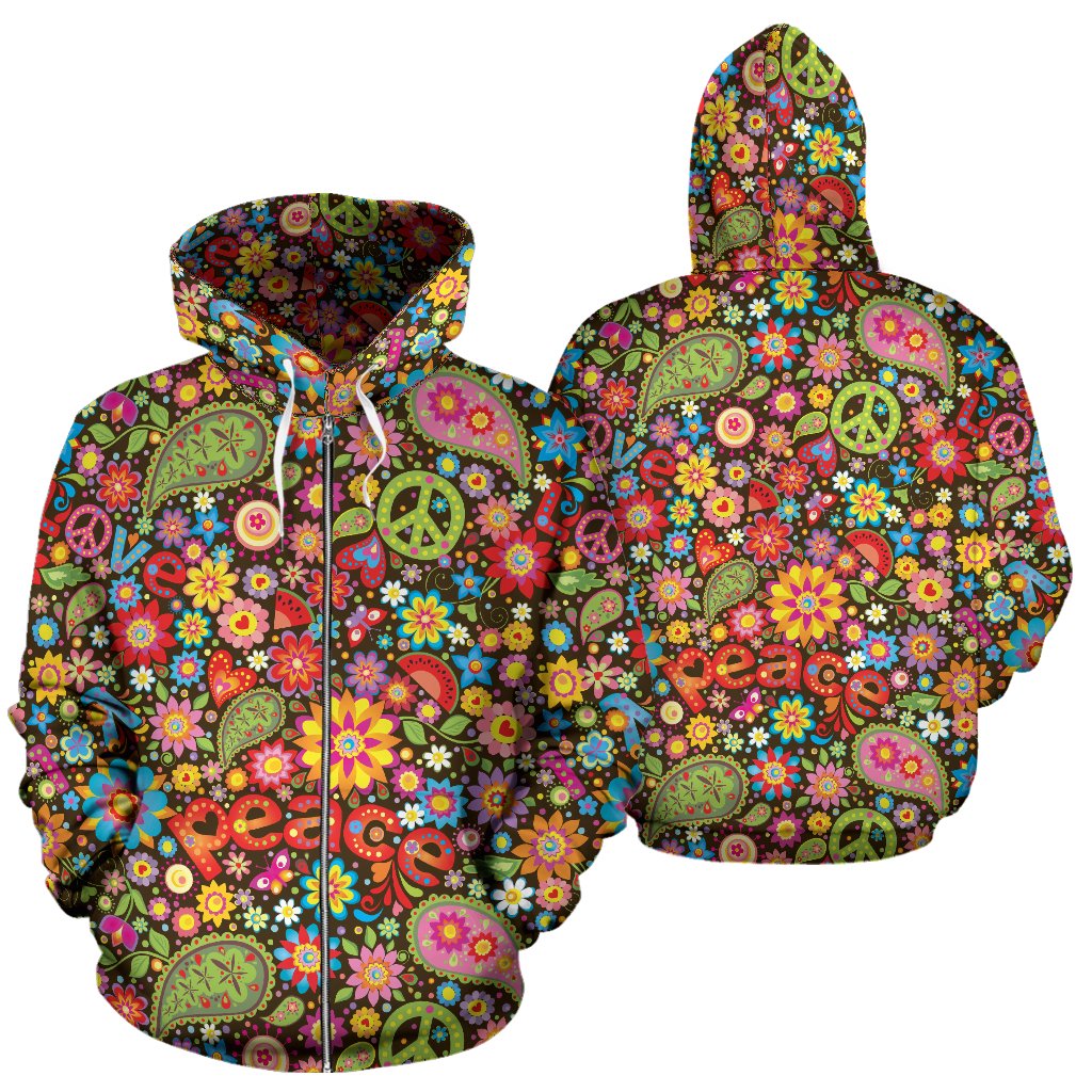 Flower Power Peace Paisley Themed Print Zip Up Hoodie