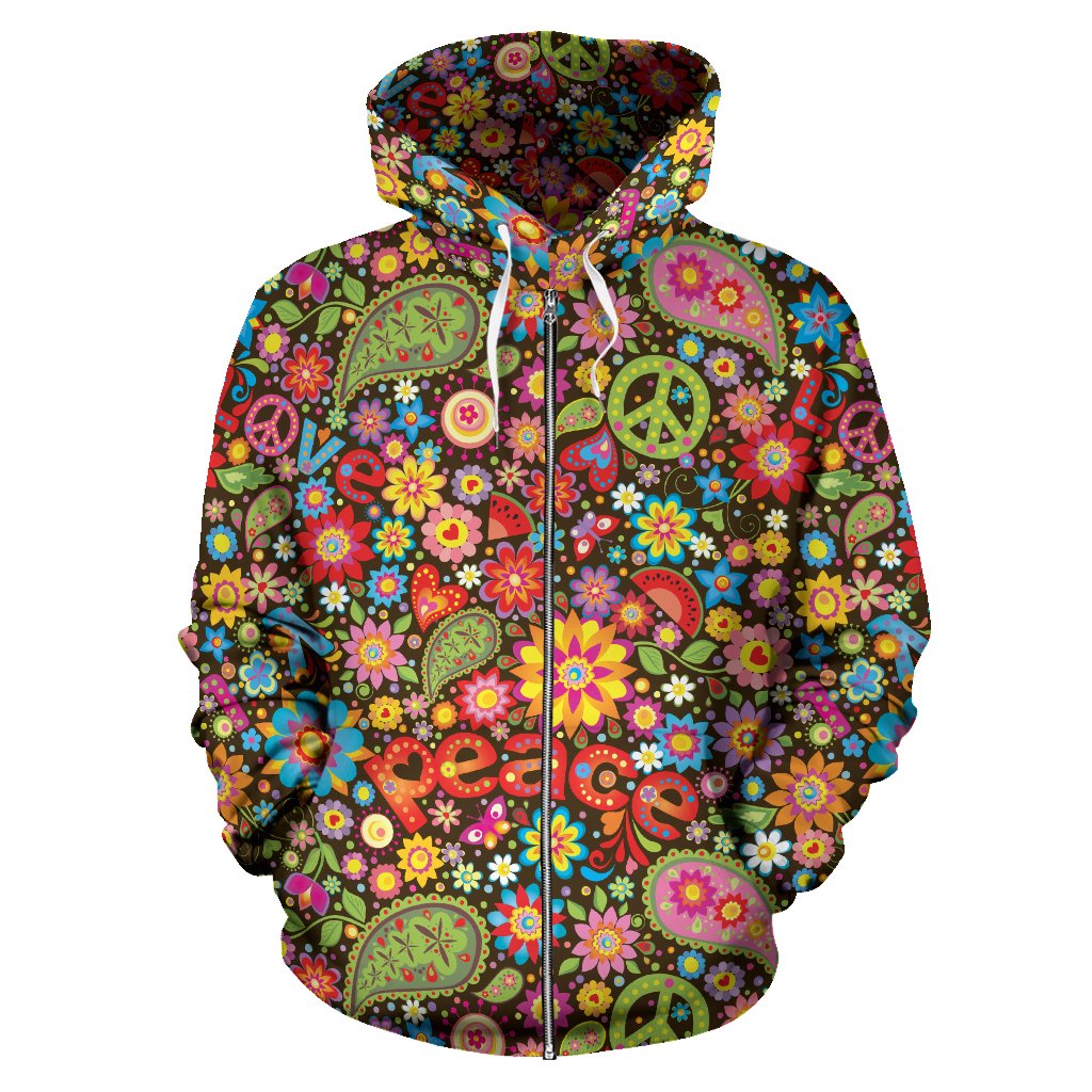 Flower Power Peace Paisley Themed Print Zip Up Hoodie