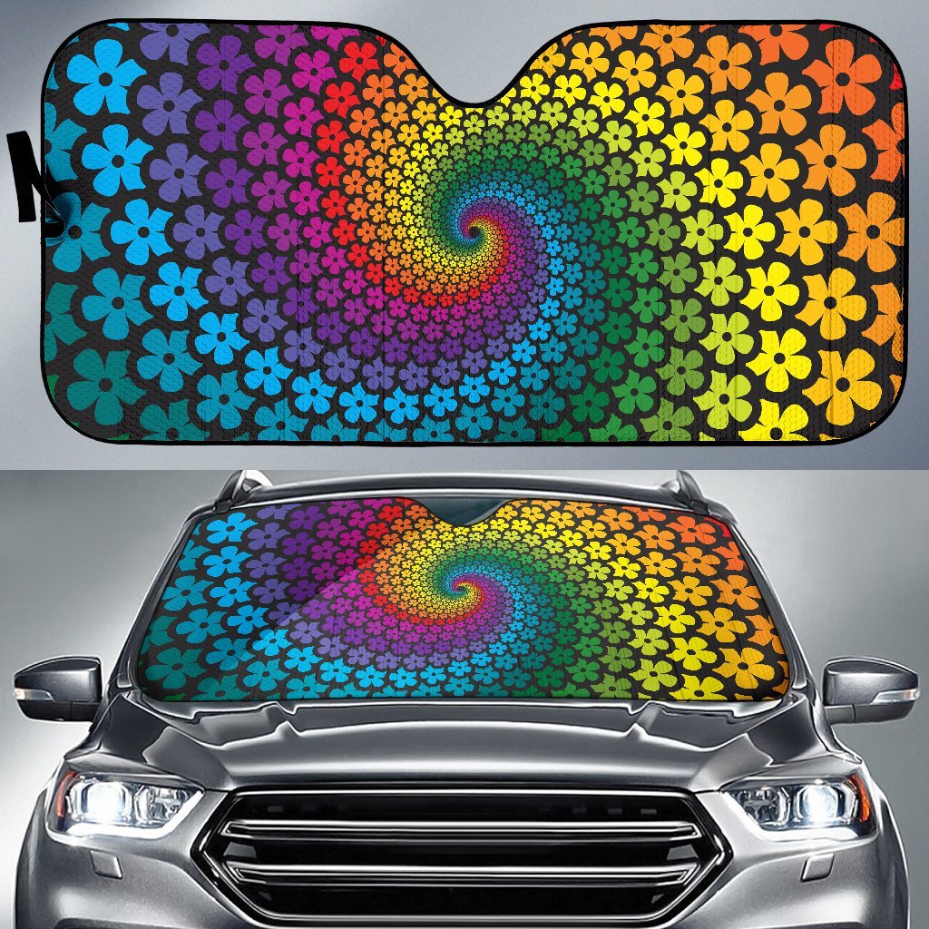 Flower Power Rainbow Spiral Print Car Sun Shade For Windshield