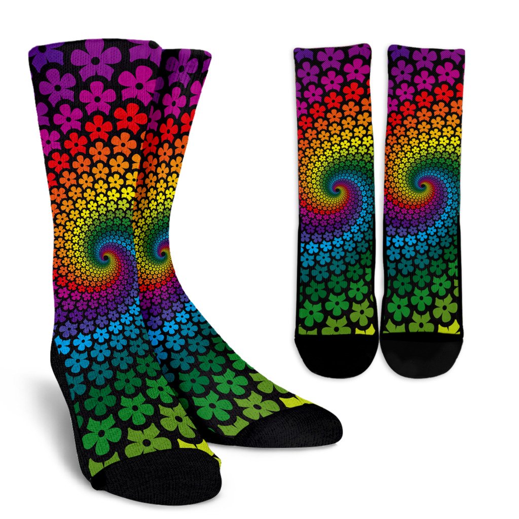 Flower Power Rainbow Spiral Print Crew Socks