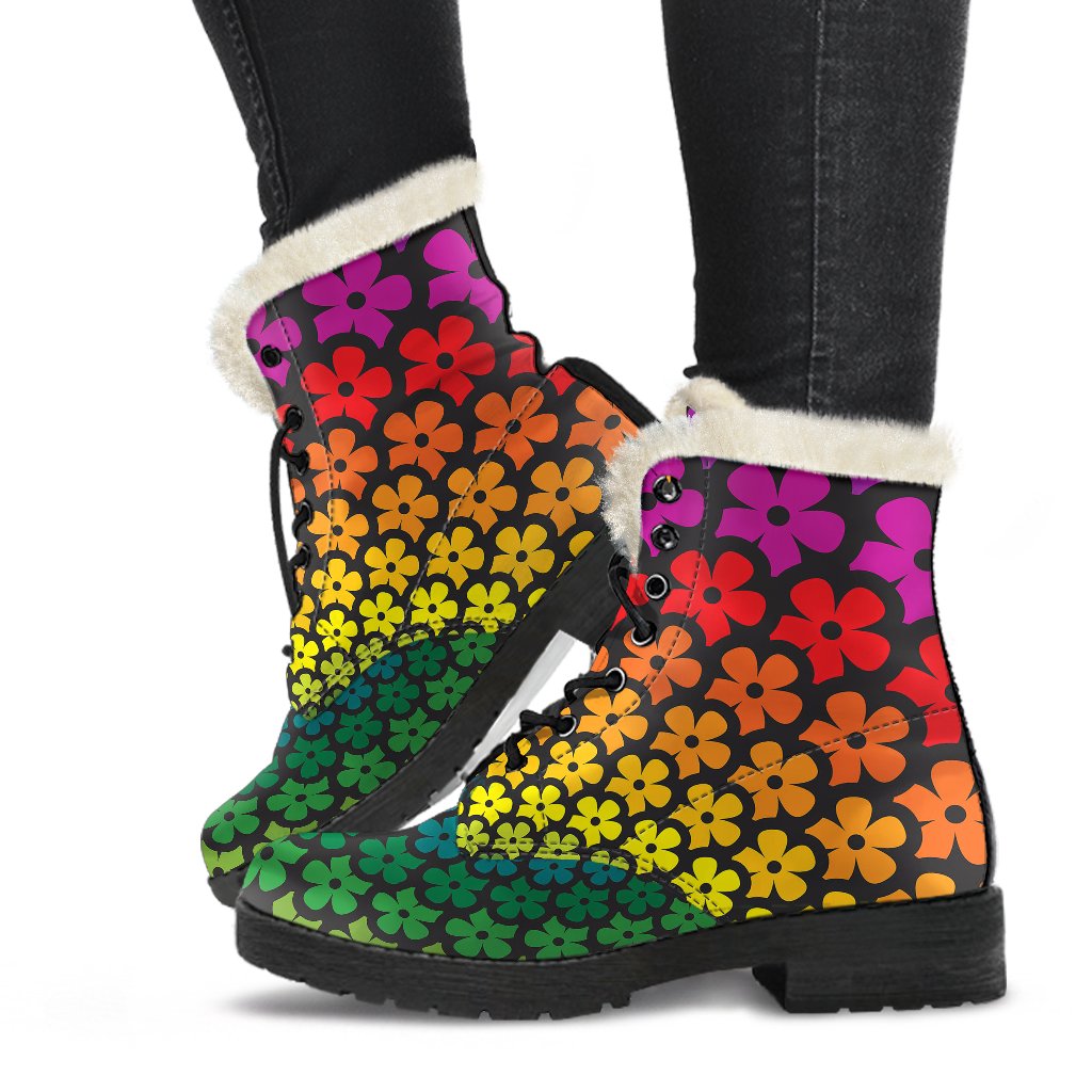 Flower Power Rainbow Spiral Print Faux Fur Leather Boots-JTAMIGO.COM