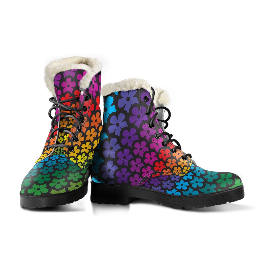 Flower Power Rainbow Spiral Print Faux Fur Leather Boots-JTAMIGO.COM