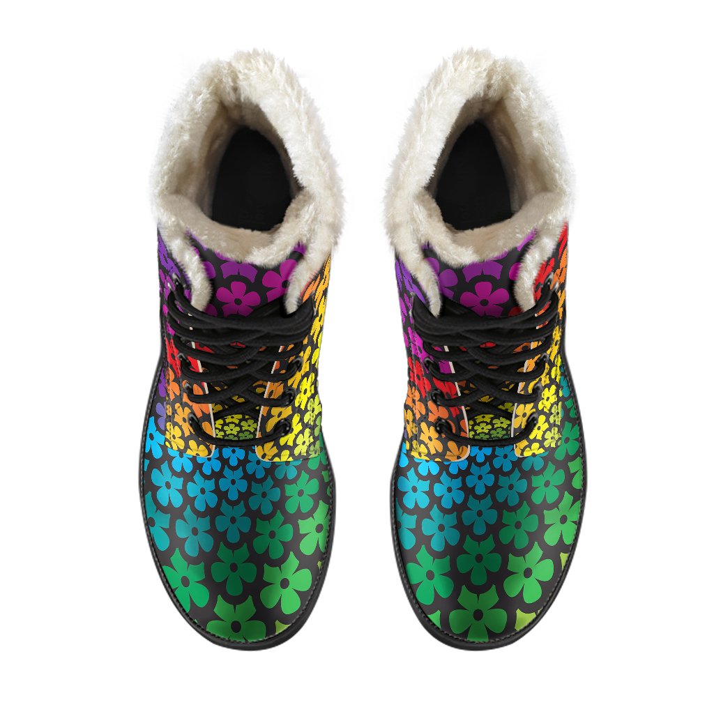 Flower Power Rainbow Spiral Print Faux Fur Leather Boots-JTAMIGO.COM