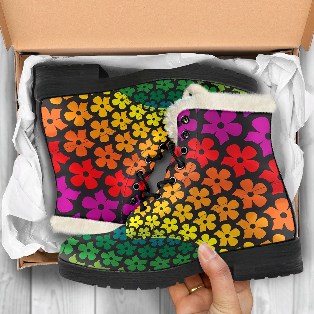 Flower Power Rainbow Spiral Print Faux Fur Leather Boots-JTAMIGO.COM