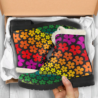 Flower Power Rainbow Spiral Print Faux Fur Leather Boots-JTAMIGO.COM