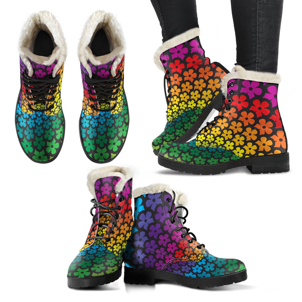 Flower Power Rainbow Spiral Print Faux Fur Leather Boots-JTAMIGO.COM